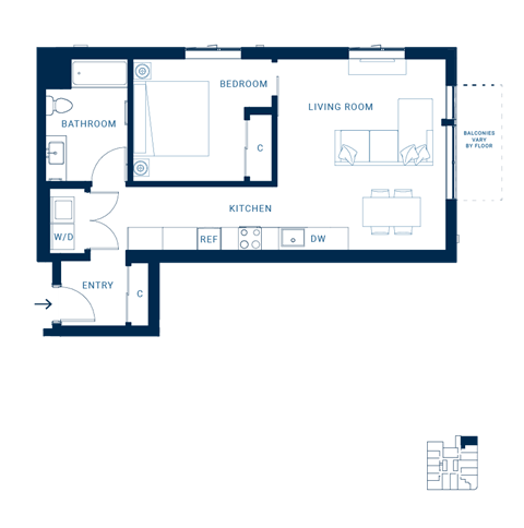 Floor plan for 1 bed, 1 bath, 664 sqft